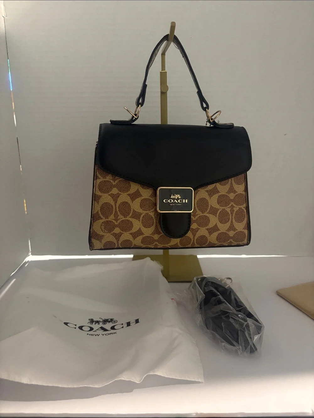 Coach Brown Signature Satchel with Black Leather Flap